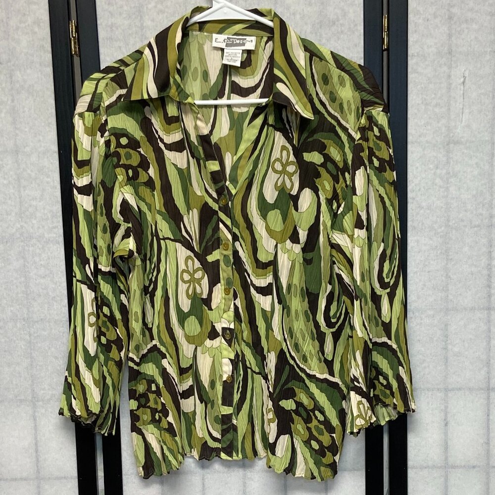 Vintage 90s E K Designs Green Op Art Crinkle Knit V Neck Bell Sleeve Blouse L